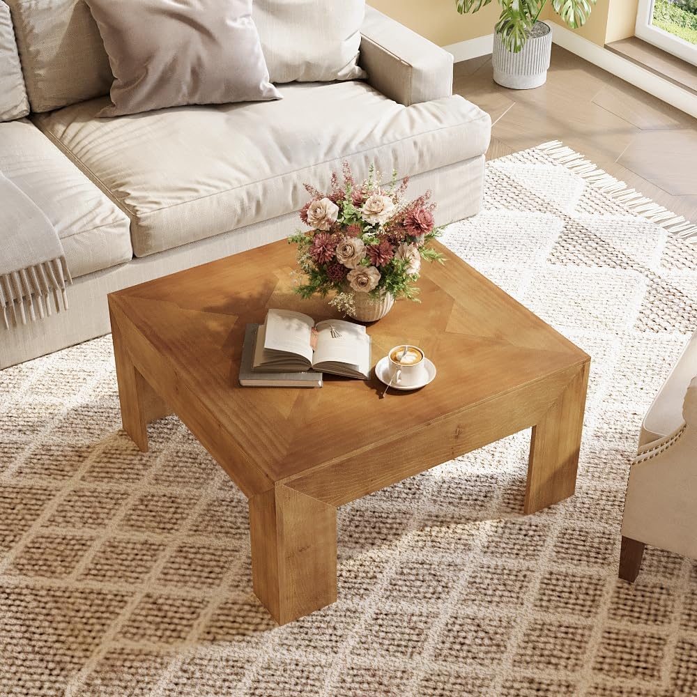 LITTLE TREE 39.4' Solid Wood Coffee Table, Square Coffee Table with Intricate Inlaid Top & Sturdy Legs, Rustic Center Tables for Living Room, Easy Assembly, Brown, 39.4' L x 39.4' W x 19.7' H