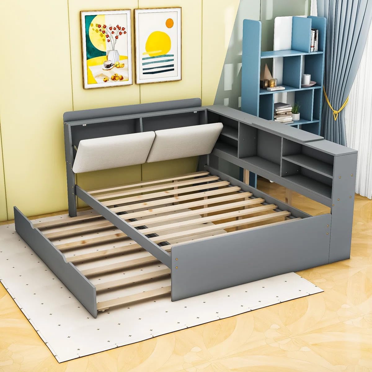 Full Size Bed with Storage Headboard, Full Daybed with Trundle and L-Shaped Shelves, Solid Wood Corner Platform Bed Frame with Storage for Apartment Bedroom, Grey