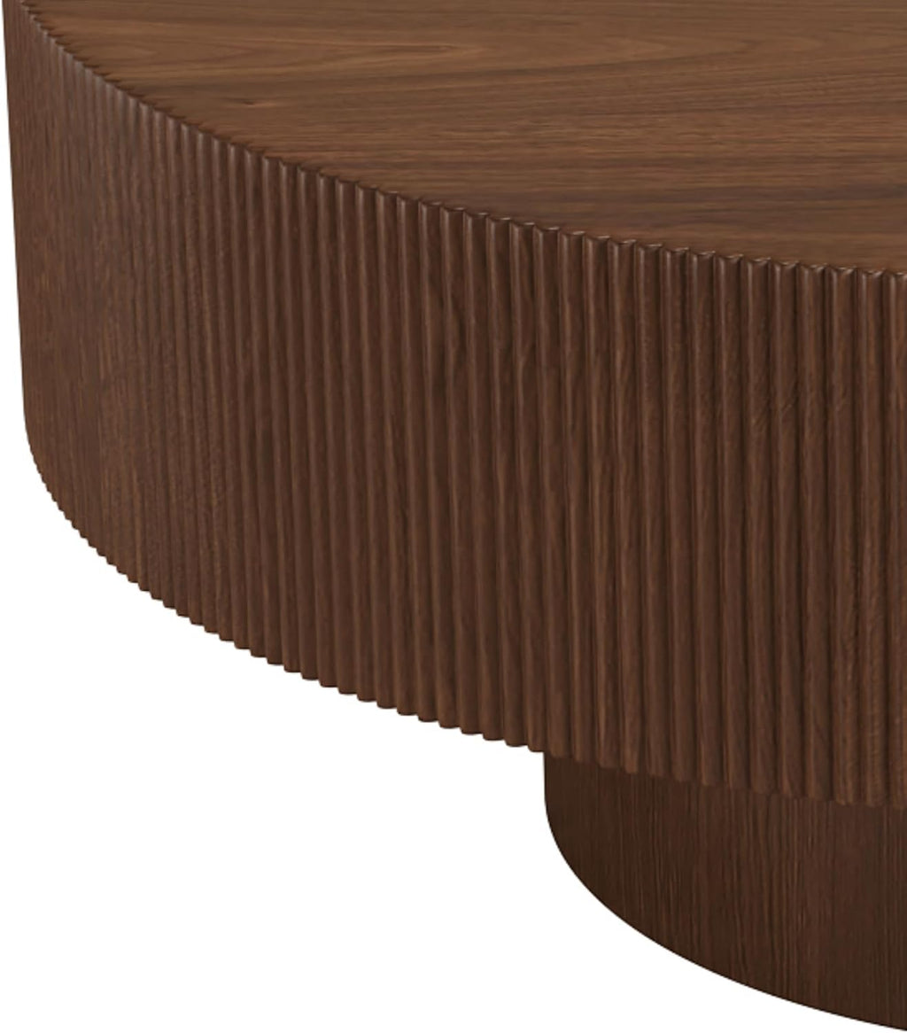 LUMISOL Modern Round Coffee Table for Living Room, Fluted Center Table with Thick Tabletop, Wave Design Drum Tea Tables, Circle End Table with Sturdy Base, 31.5' W*13.7' H, Walnut