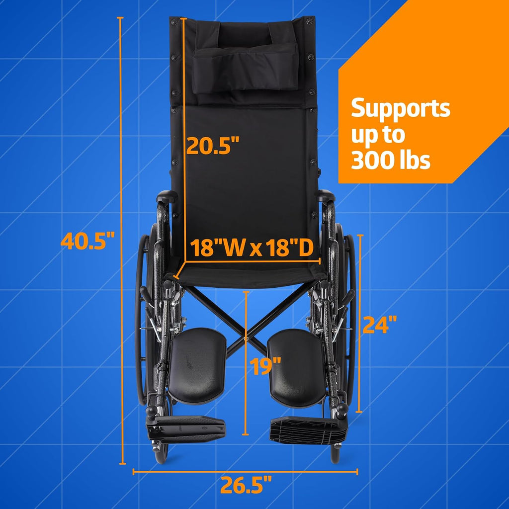Medline Reclining Wheelchair, 18', with Elevating Leg Rests, Durable Vinyl, 300 lb. Weight Limit, Reclines 90 to 140 Degrees