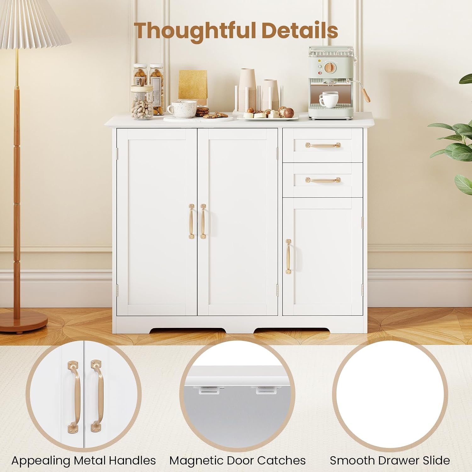 Giantex Sideboard Buffet Cabinet, Modern White Sideboard Cabinet with 2 Drawers, 3 Doors & Adjustable Shelf, Wooden Coffee Station, 40'' Storage Buffet Table for Kitchen, Living Room, Entryway