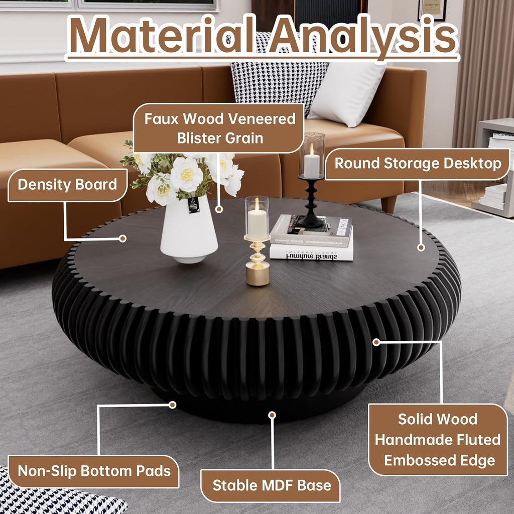 Round Coffee Table for Living Room Modern Black Fluted Coffee Table 39.3 inch Low Round Drum Coffee Tables for Living Room (Black, 39.3')