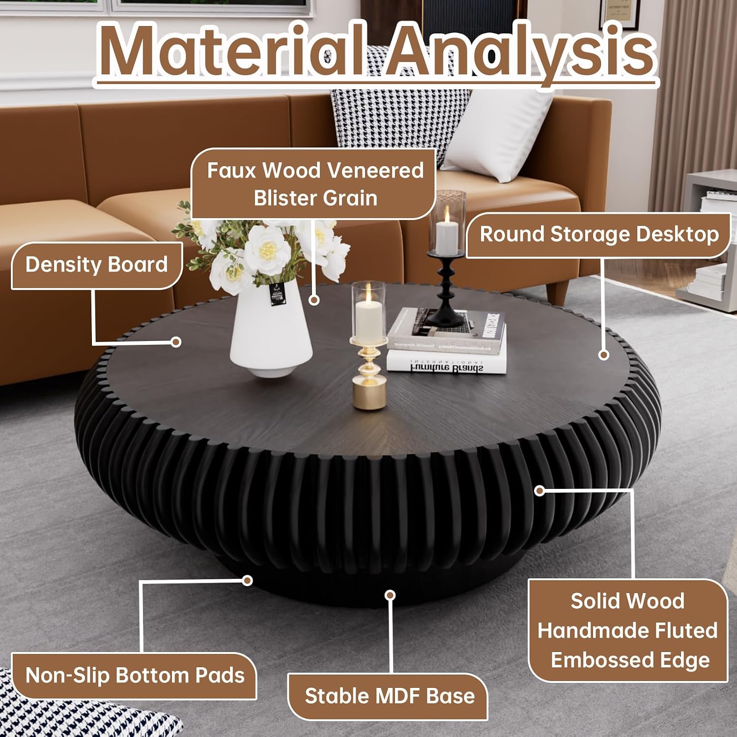 Round Coffee Table for Living Room Modern Black Fluted Coffee Table 39.3 inch Low Round Drum Coffee Tables for Living Room (Black, 39.3')