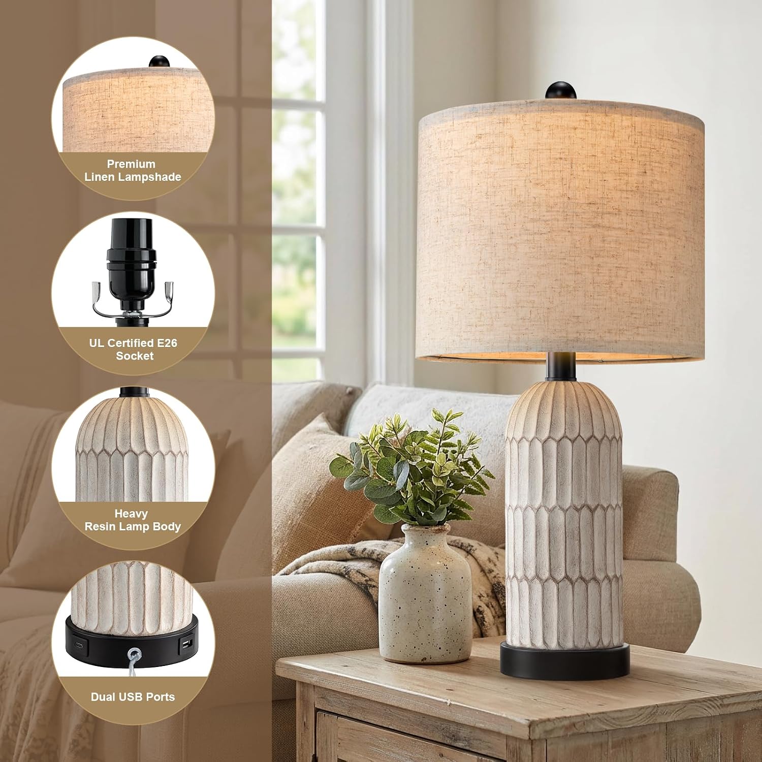 OYEARS 22.5' Bedside Table Lamps Set of 2, Farmhouse Table Lamp with USB A+C Charging Ports,Vintage Nightstand Lamp for Bedrooms and Living Rooms, Retro Resin End Table Lamp with Linen Shade, Black
