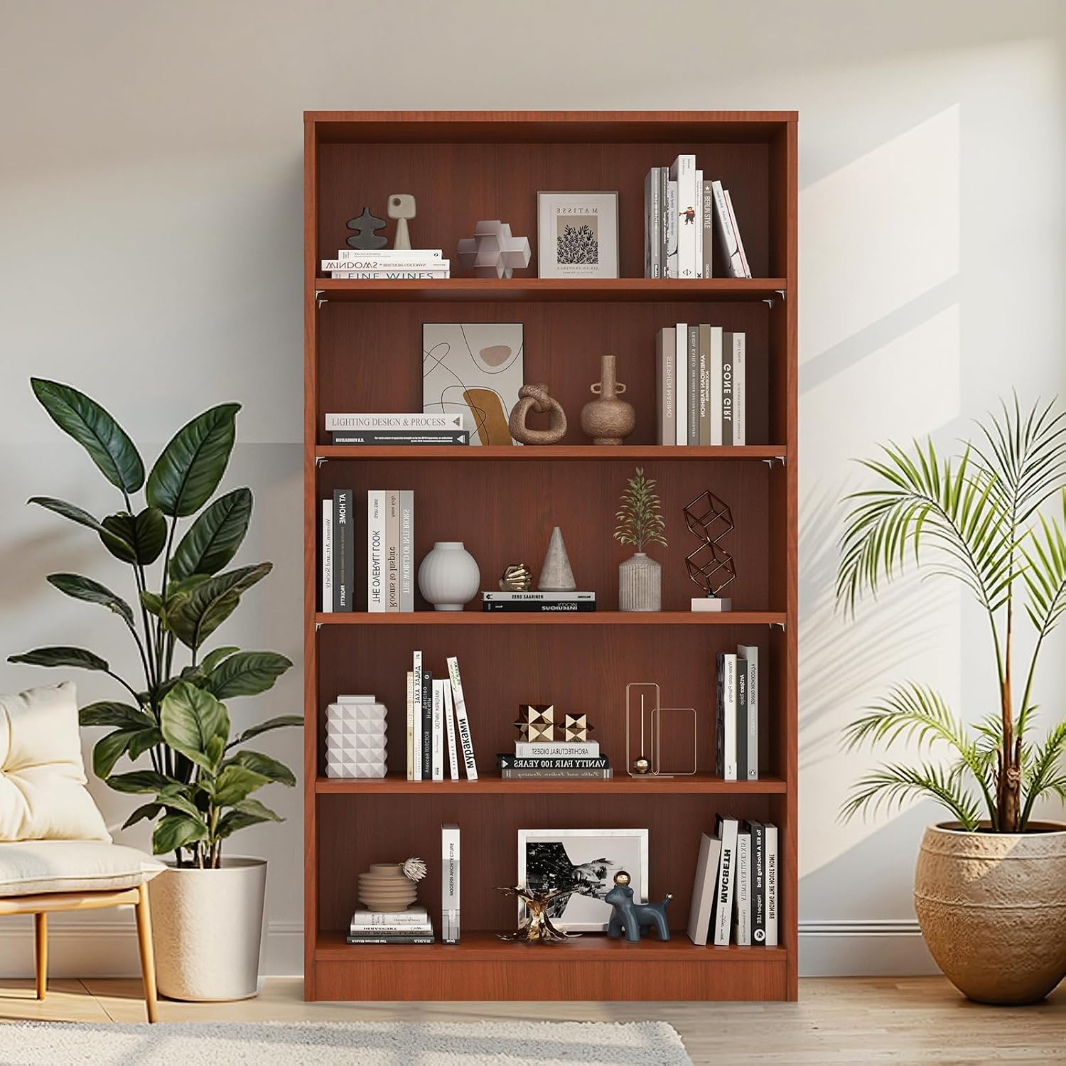 Farini 60 Inch Tall 5-Shelf Bookcase, Wood Bookshelf Storage Organizer Adjustable Shelf for Home Office, Study Room, Easy Assembly,Cherry