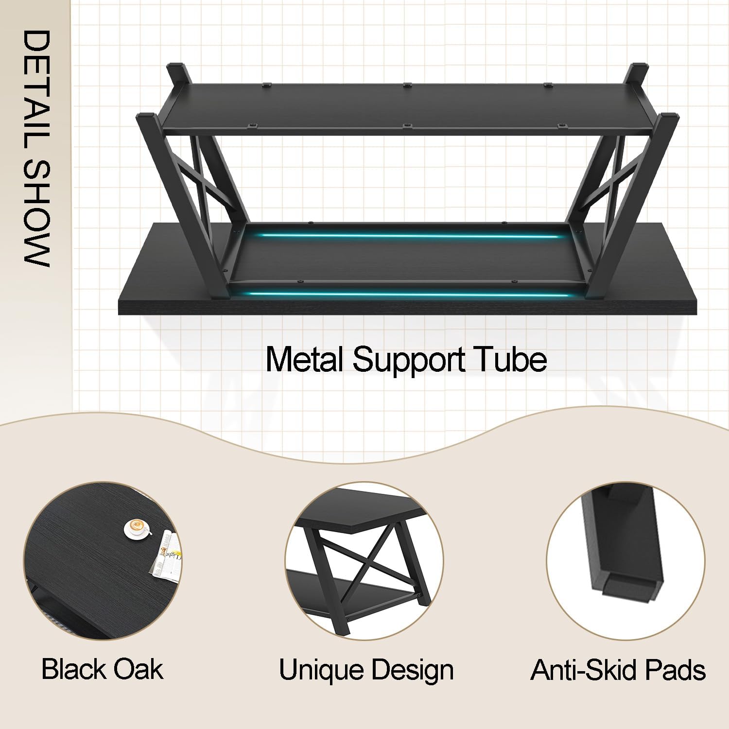 EXCEFUR Black Coffee Table, Modern Wood and Metal Center Table with Storage Shelf, Industrial Rectangle Cocktail Tea Table for Living Room, 47 Inch