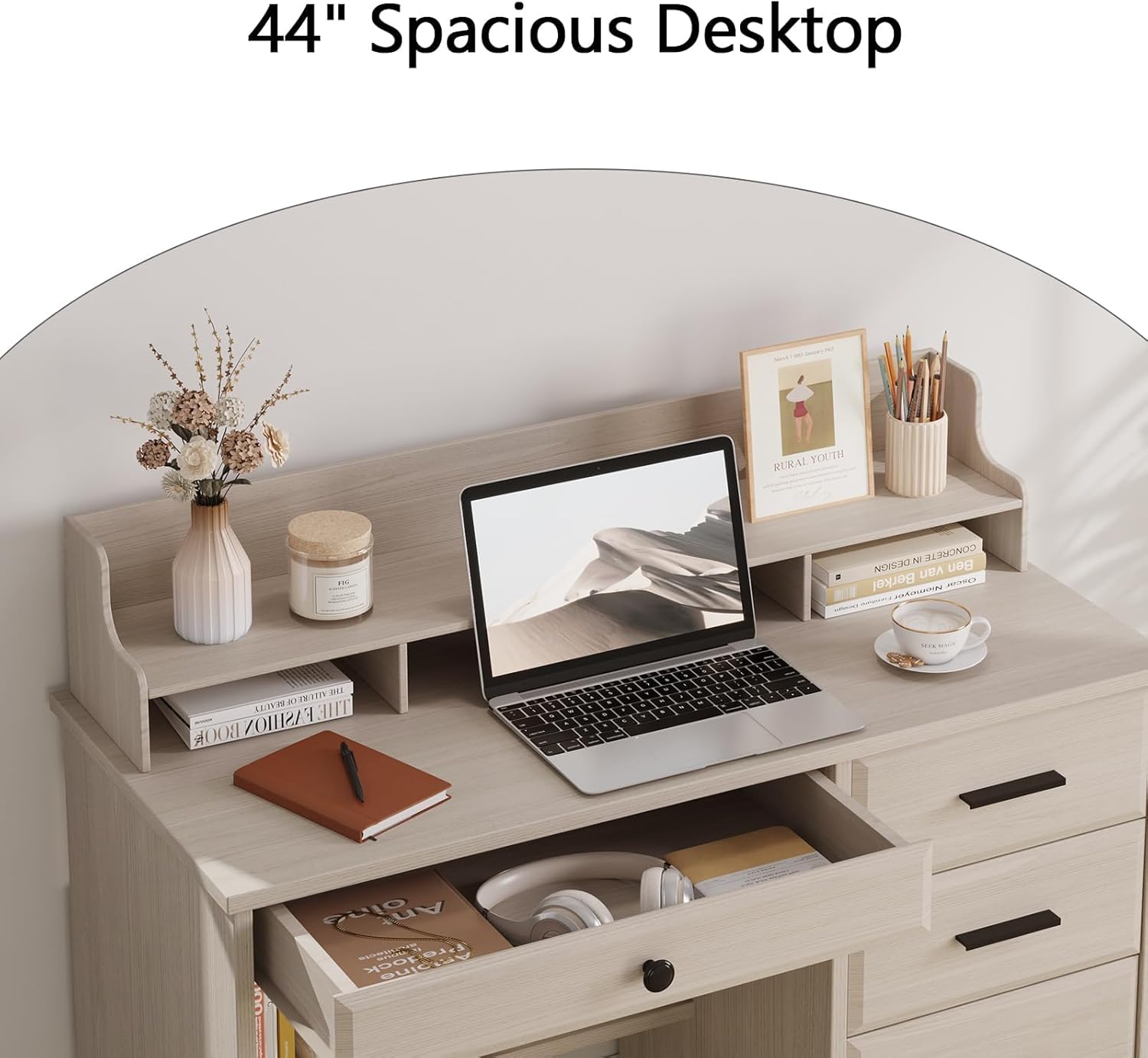 Small Desk with 4 Drawers, Computer Desk with Storage & Monitor Stand for Small Spaces, Office Desk with File Drawer & Shelves for Bedroom, Wood Writing Desk for Home Office, Milky White