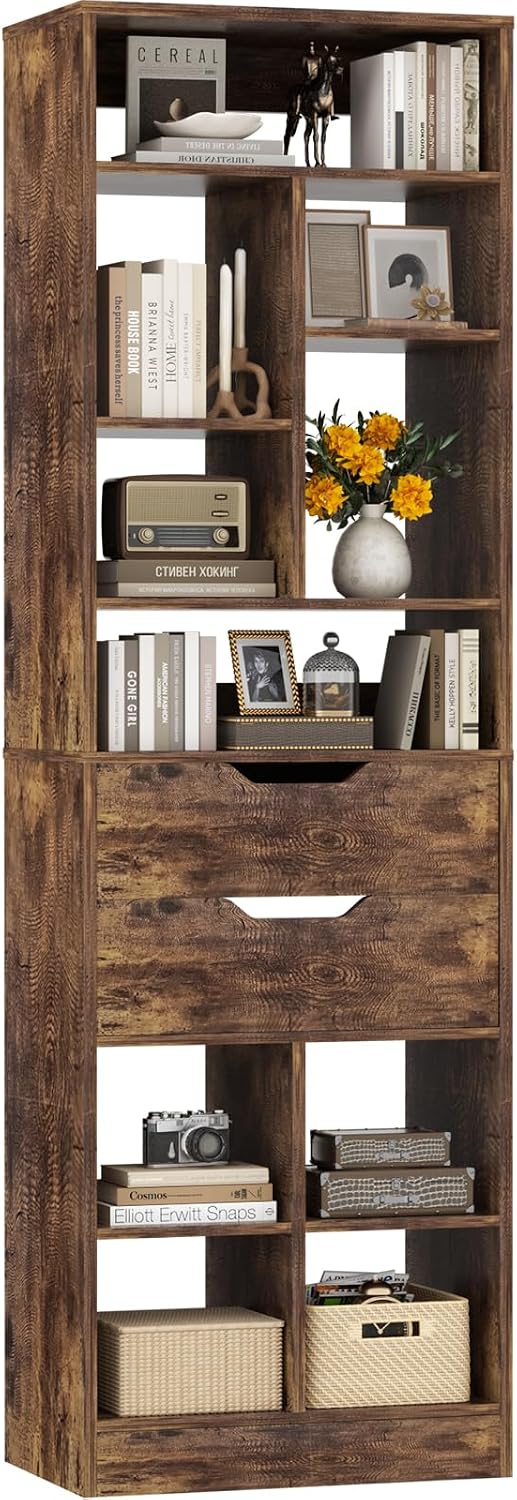 Armocity 9-Tier Tall Bookshelf with 2 Drawers, 79.7' Narrow Freestanding Bookcase, Space-Saving Wood Display Shelves Storage for Living Room, Home Office Bedroom, Rustic Brown