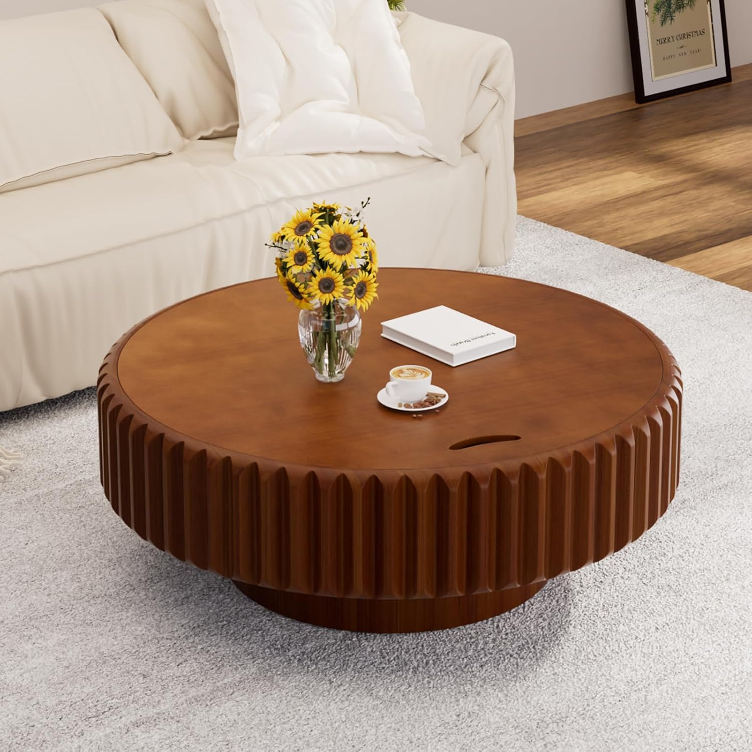 Drum Coffee Table with Hidden Storage, Modern Round Coffee Table for Living Room Circle Center Table with Solid Wood Fluted Veneered, Accent Tea Table for Small Space Apartment (Walnut 31.5 inch)