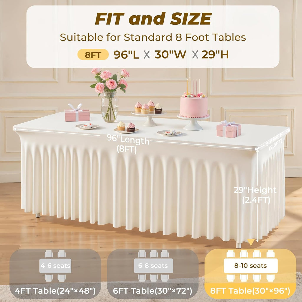 6 Pack Beige Spandex Fitted Tablecloth 8 Foot - Stretch Table Clothes for 8 FT Rectangle Table, Washable Ruffles Elastic for Weddings, Buffet, Banquet, Trade Craft Show, Party Celebration