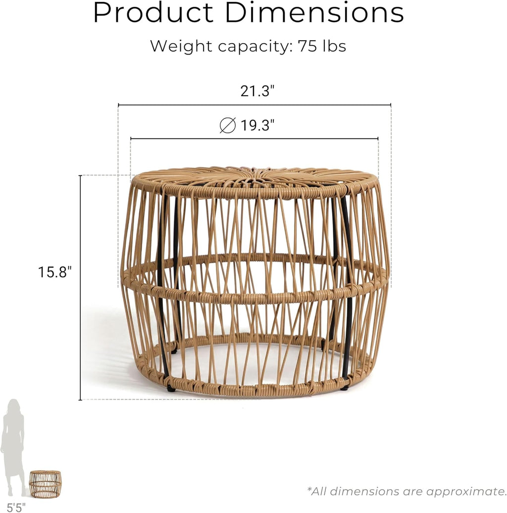 Furniture of America Ysar Boho Rattan Round Coffee Table Outdoor with Metal Frame, All-Weather and Rust Resistant, Handcrafted Coastal Furniture for Patio, Poolside, Garden, Yard, Natural Brown