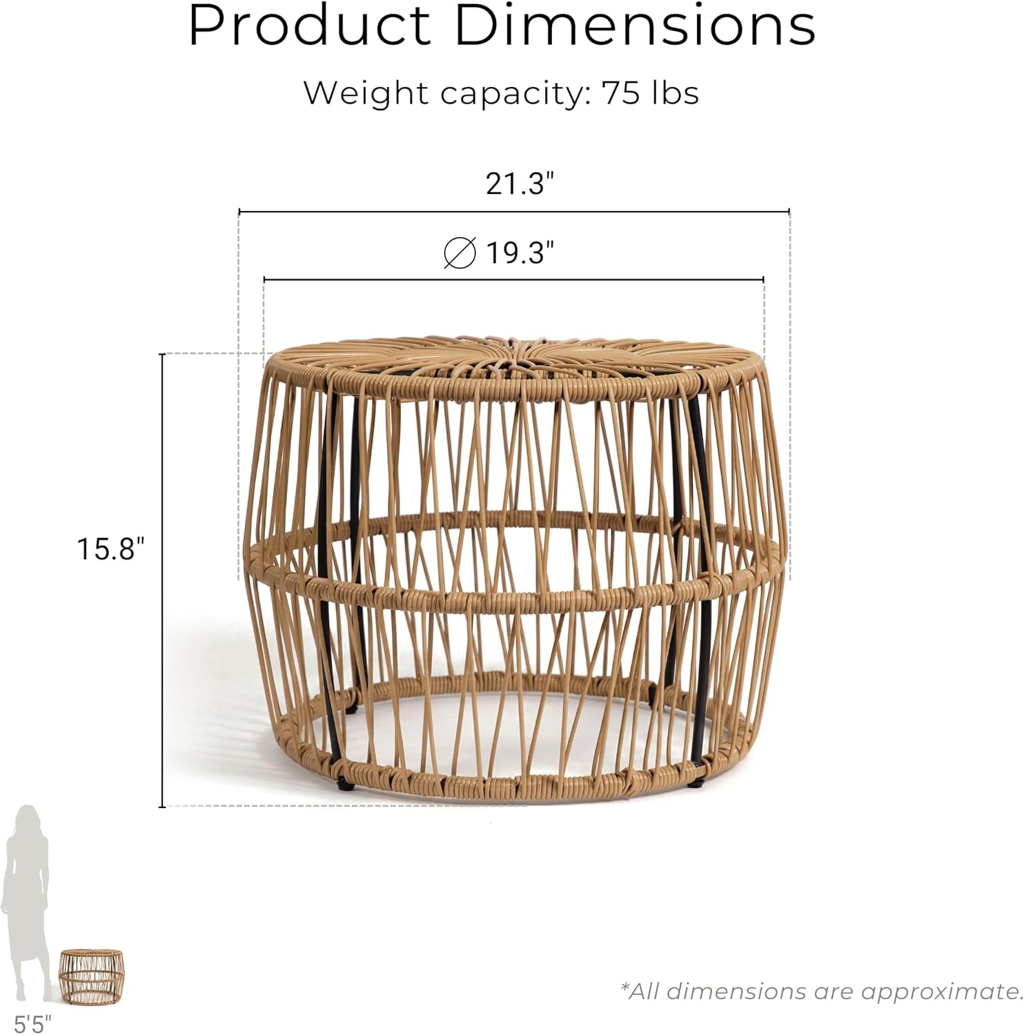 Furniture of America Ysar Boho Rattan Round Coffee Table Outdoor with Metal Frame, All-Weather and Rust Resistant, Handcrafted Coastal Furniture for Patio, Poolside, Garden, Yard, Natural Brown