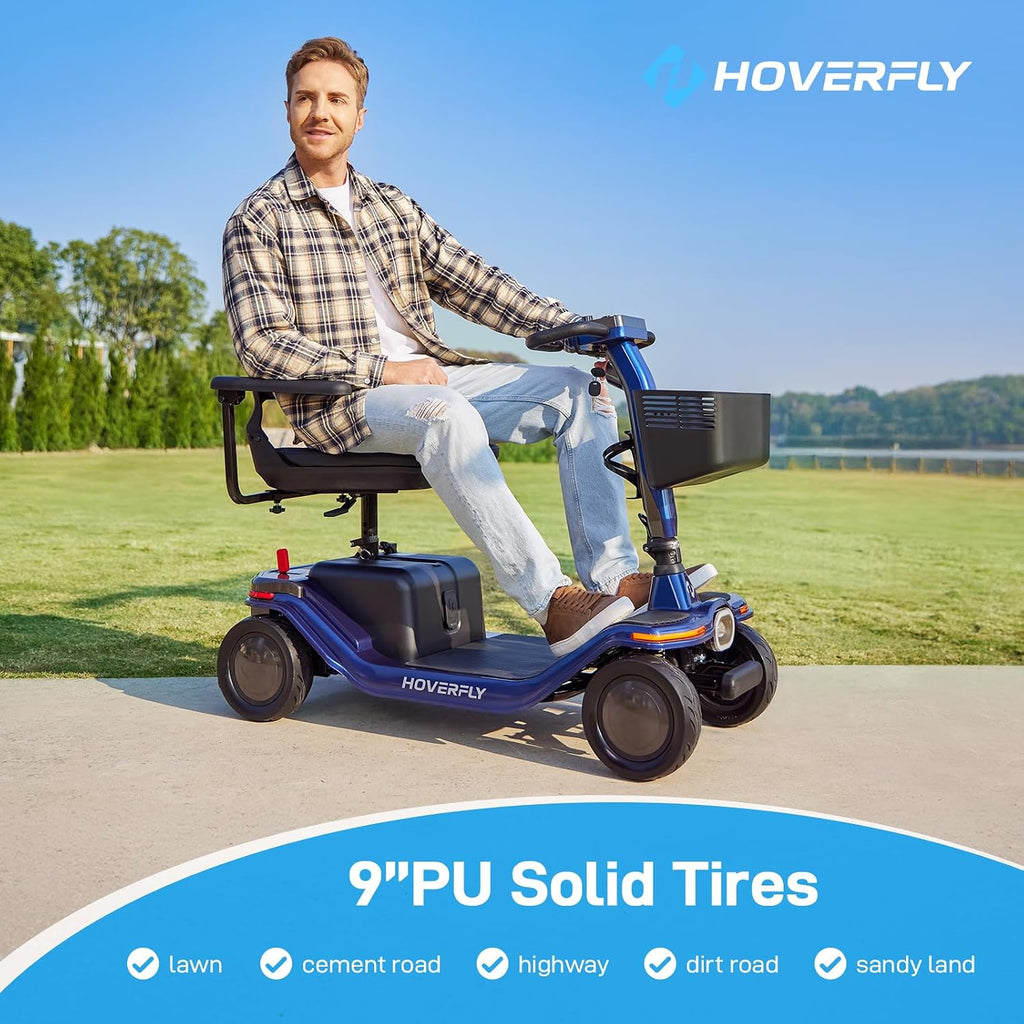 Hoverfly T5 Mobility Scooter for Seniors, Max 16.8-Mile Range & 5 mph, 3-Position Seat & Anti-slip Rear Wheel, Removed Battery & Quick Fold Design, Solid 9' Tire&330 lb Capacity, Ease of Assembly Blue