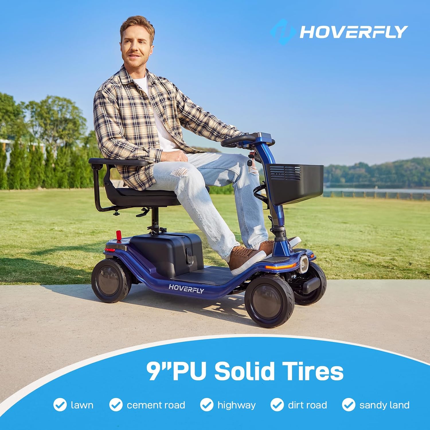 Hoverfly T5 Mobility Scooter for Seniors, Max 16.8-Mile Range & 5 mph, 3-Position Seat & Anti-slip Rear Wheel, Removed Battery & Quick Fold Design, Solid 9' Tire&330 lb Capacity, Ease of Assembly Blue