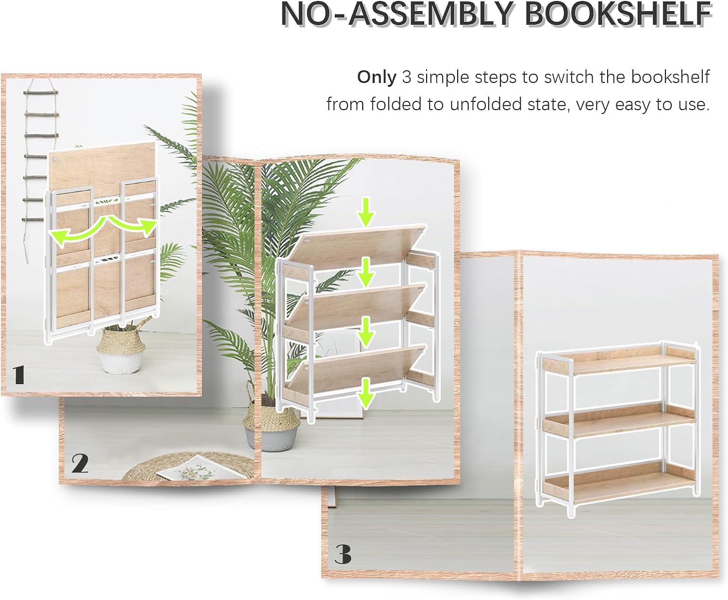 4NM Extra Wdie No Assembly Folding Bookshelf, 34' H x 30.9' W, 3 Tier Collapsible Book Shelf Bookcase Foldable Shelves for Bedroom Living Room Home Office - Cloud Oak & White