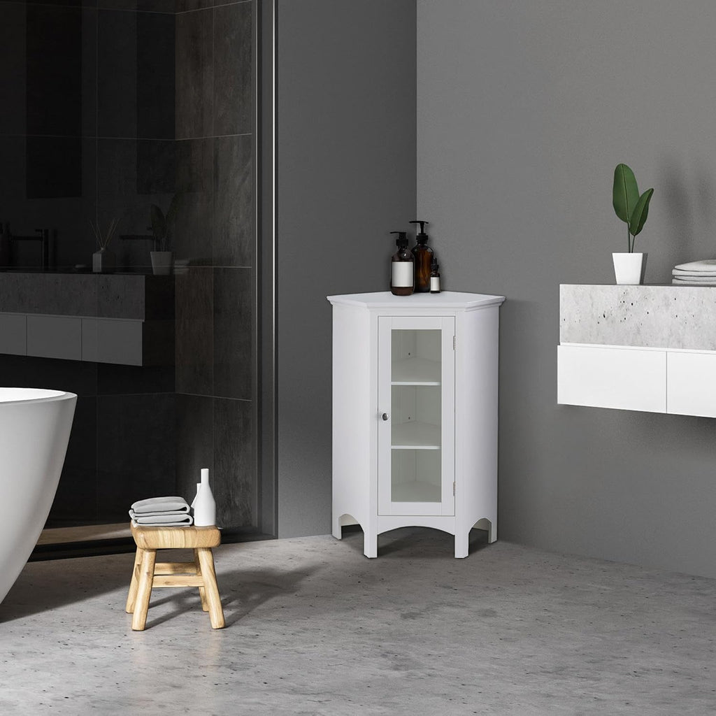 Teamson Home Madison Bathroom Corner Floor Cabinet, Freestanding Narrow Storage Corner Cabinet with Tempered Glass Panel and Adjustable Shelves, White