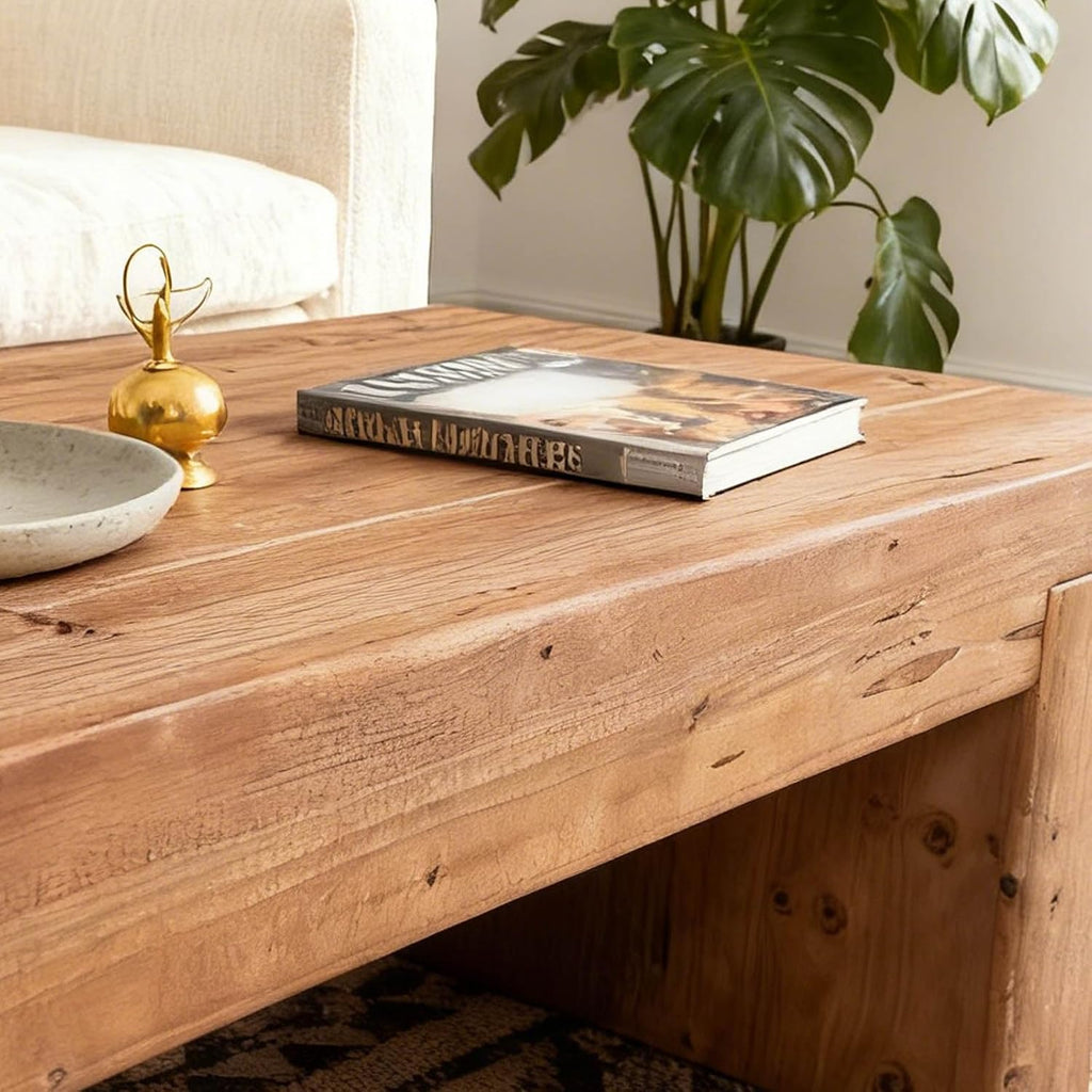 47.6' Solid Wood Coffee Table, Mid-Century Modern Coffee Table with Sturdy Base, Farmhouse Rectangle Accent Center Tea Tables for Living Room Apartment, Easy Assembly