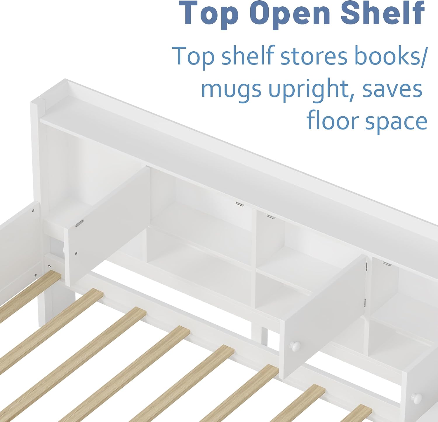 Mirightone Full Bed Frames with Storage, L-Shaped Corner Beds with Desk, Wood Daybed with Bookcase, Platform Beds with Drawers and Shelves for Living Room, Bedroom, Teens Room, White