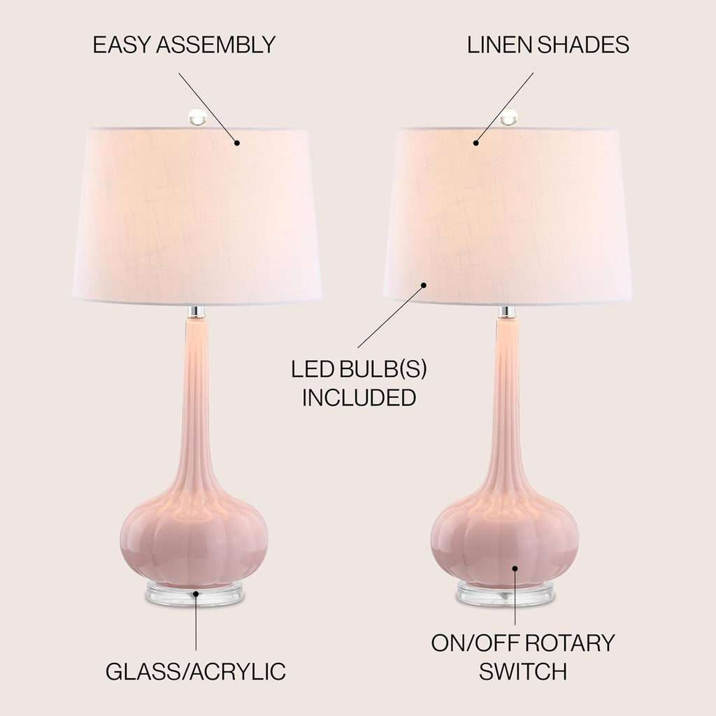 JONATHAN Y 28.5' Pink Glass Teardrop LED Table Lamp Set of 2 for Living Room Bedroom Nightstand, White Linen Shade Modern Transitional Bedside Desk Lamp JYL1079A-SET2