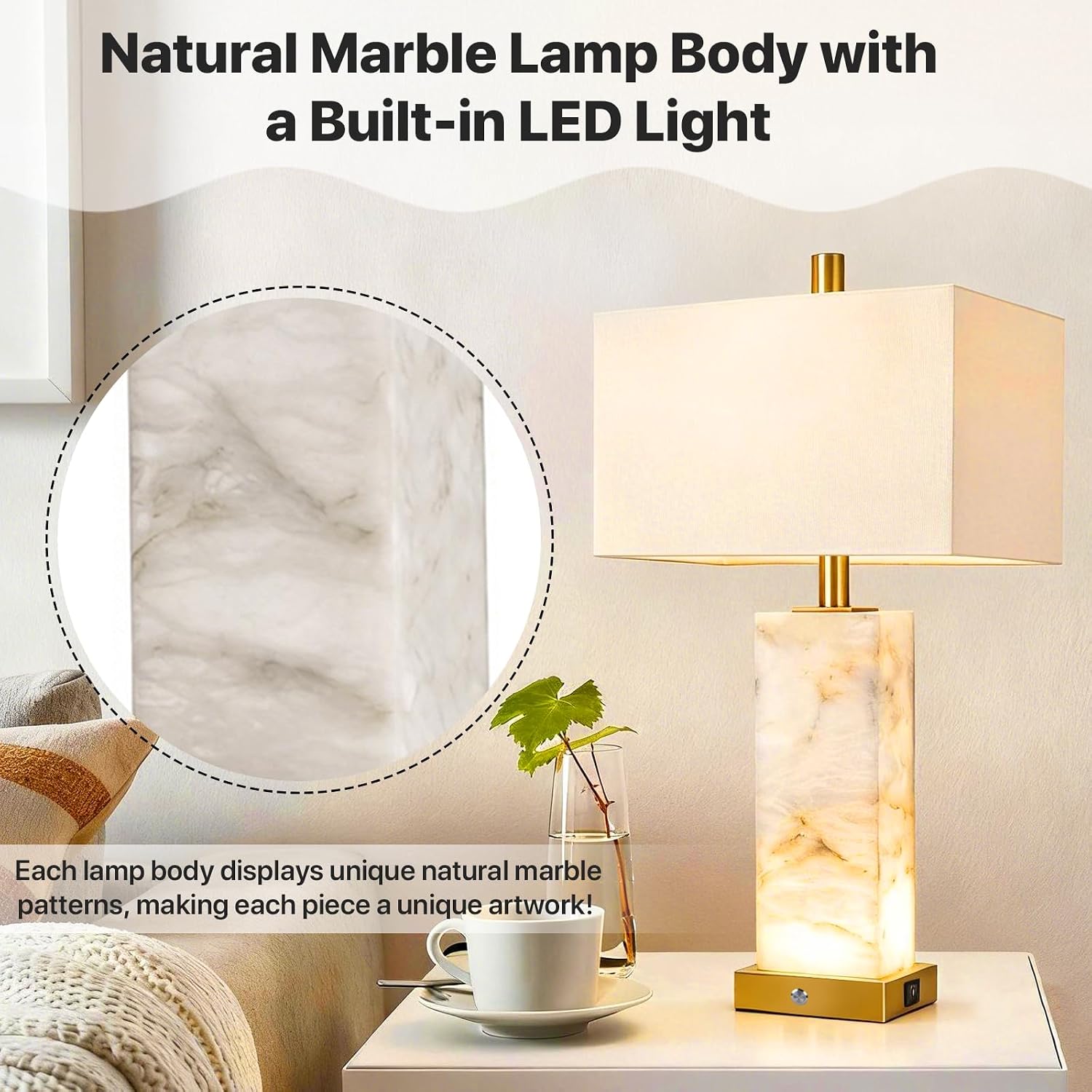 25.6' Alabaster Lamp, Marble Lamp Nightstand Lamps Set of 2, Modern Table Lamp with USB Ports, 3-Color Temperatures Bedside Lamps with Nightlight, Table Lamps for Living Room Bedroom, Bulbs Included