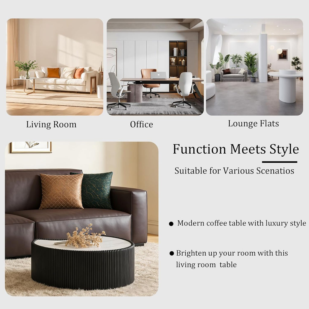 Black Round Coffee Table with Sintered Stone Tabletop, 29.53' Drum Coffee Table with Fluted PU Leather Covered and Stable Base, Circle Cocktail Tea Table for Living Room