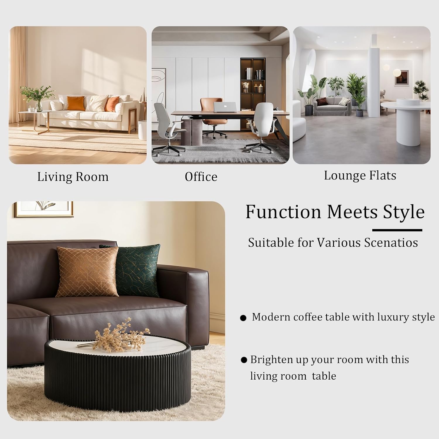 Black Round Coffee Table with Sintered Stone Tabletop, 29.53' Drum Coffee Table with Fluted PU Leather Covered and Stable Base, Circle Cocktail Tea Table for Living Room