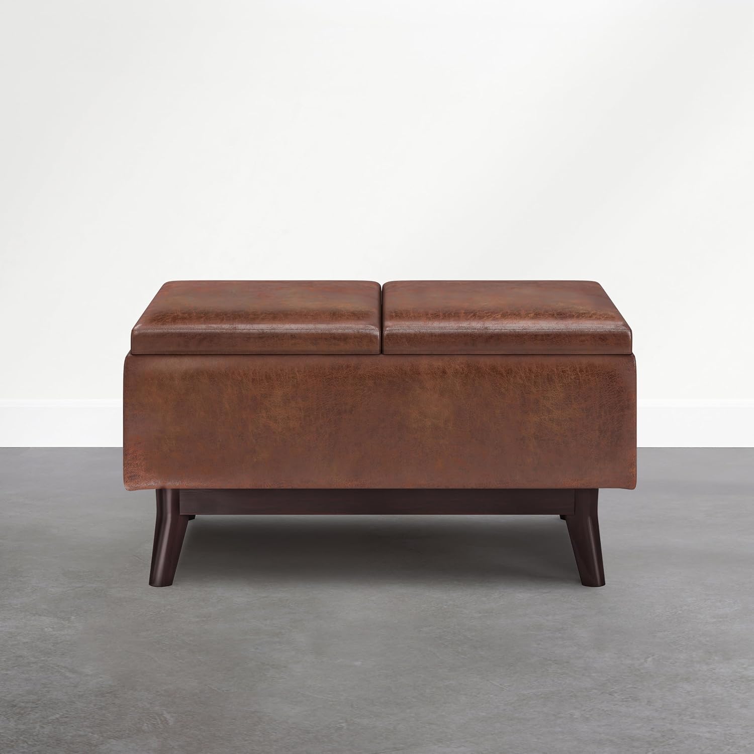 SIMPLIHOME Owen Small Coffee Table Storage Ottoman - 34 inch Wide Upholstered Vegan Leather Rectangle Ottoman in Distressed Pecan Brown, Mid-Century Modern Ottoman for Entryway with Serving Trays