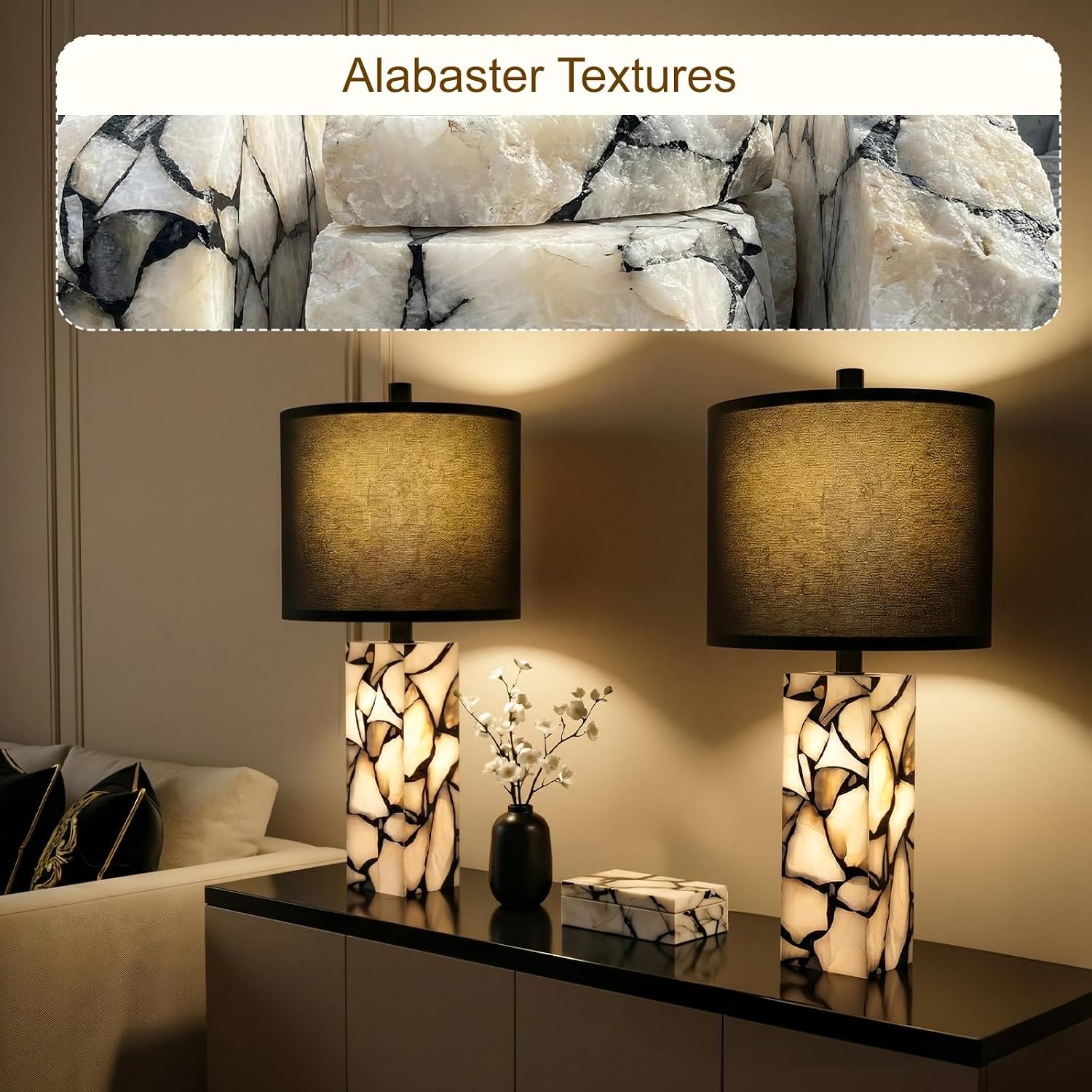 Scenekoy 23' Alabaster Table Lamps Set of 2 with Night Light for Living Room, Rotary Switch, Black Modern Table Lamp with Black Linen Shade, Nightstand Lamp for Bedroom Bedside Office (Bulb Included)