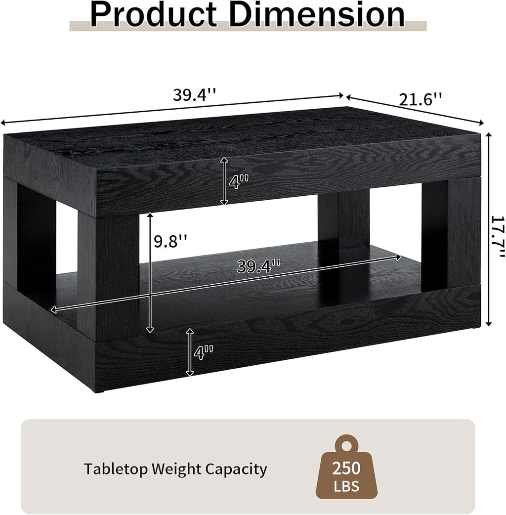 LKTART 39.37' Coffee Table with Storage, 2-Tier Mid Century Rectangular Accent Table with Thick Tabletop, Rustic Style Cocktail, Center Table for Living Room, Office, Apartment (Black)