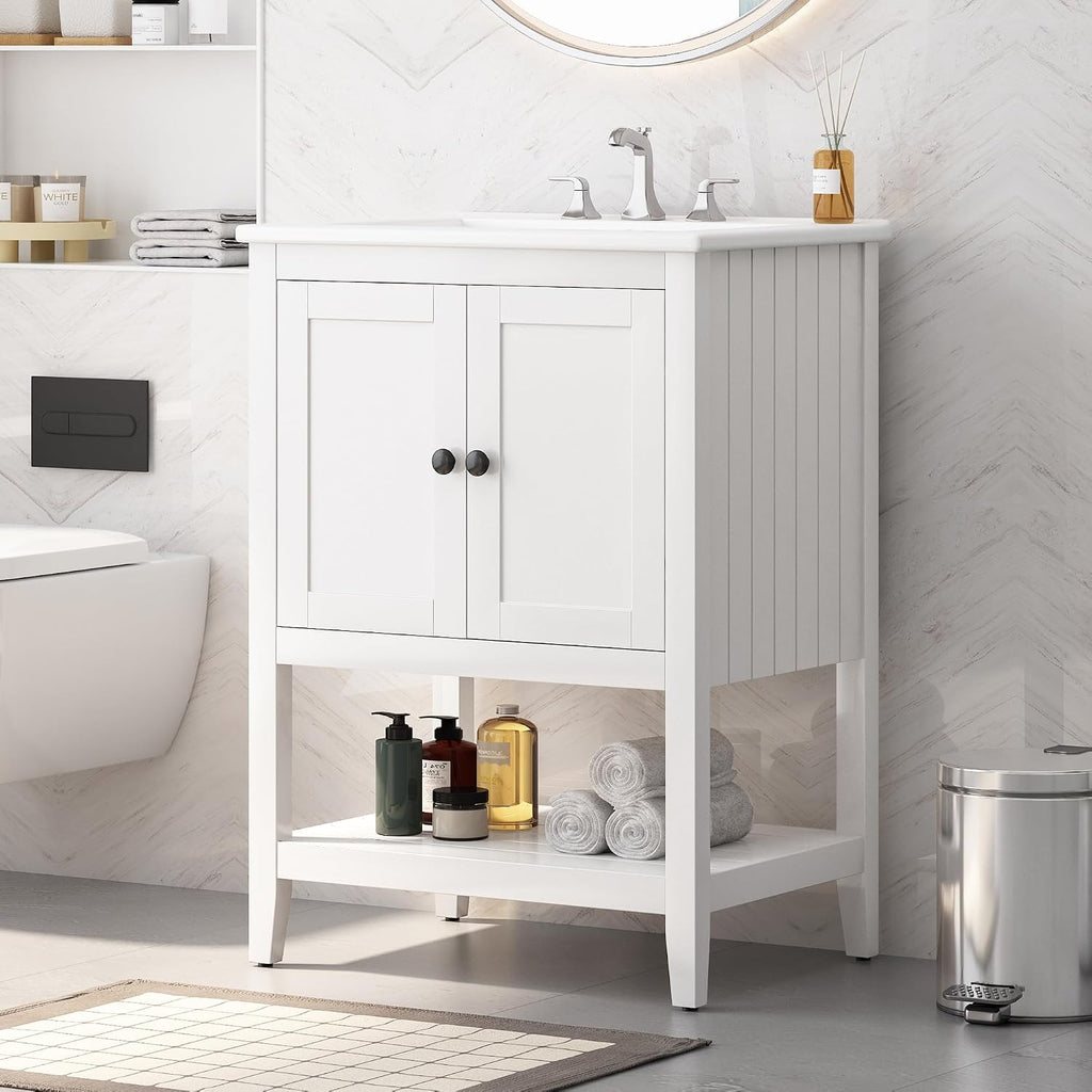 24 Inch Bathroom Vanity with Sink Set Combo, Cabinet with Doors and Open Shelf, Solid Wood Frame with Painted Finish, Modern Style
