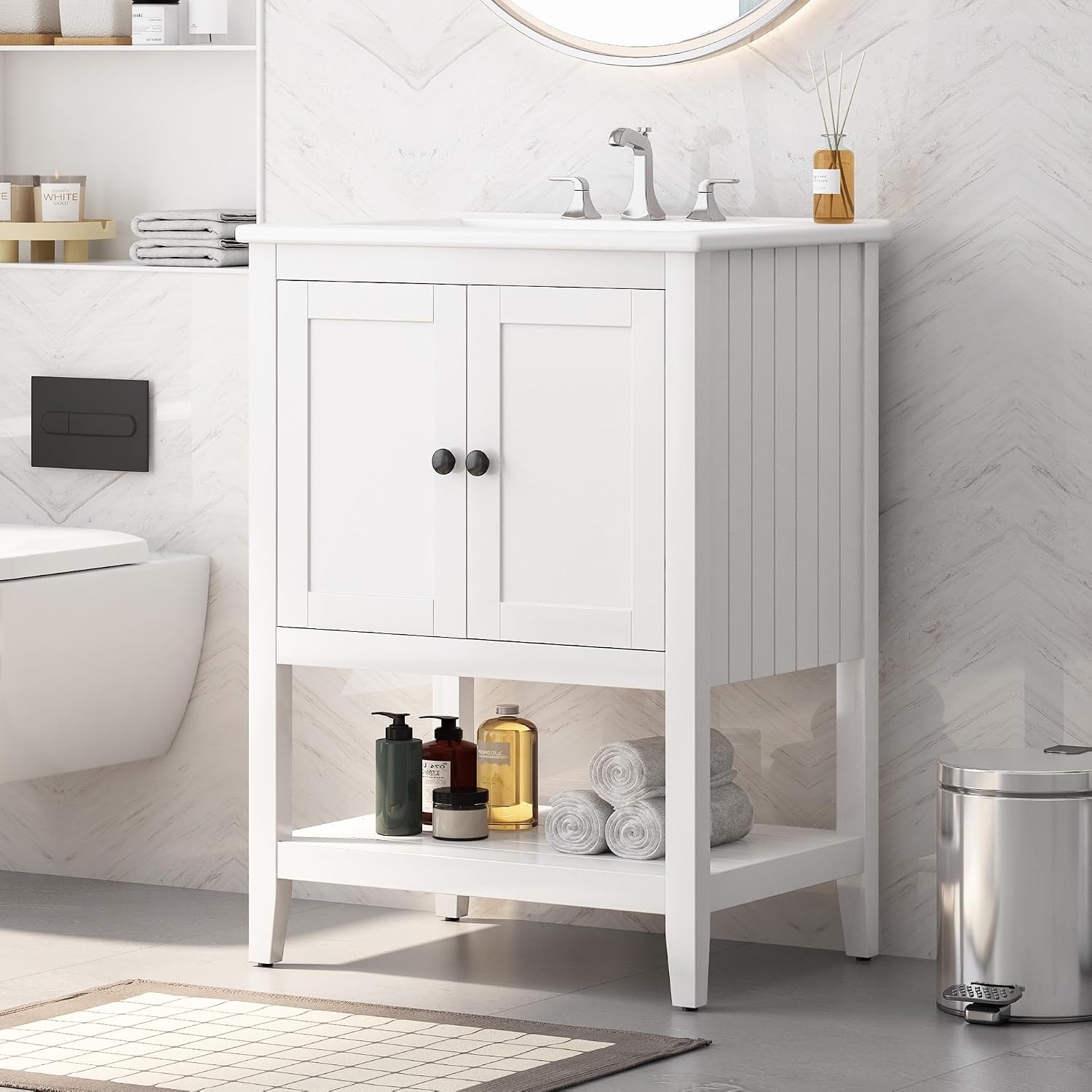 24 Inch Bathroom Vanity with Sink Set Combo, Cabinet with Doors and Open Shelf, Solid Wood Frame with Painted Finish, Modern Style