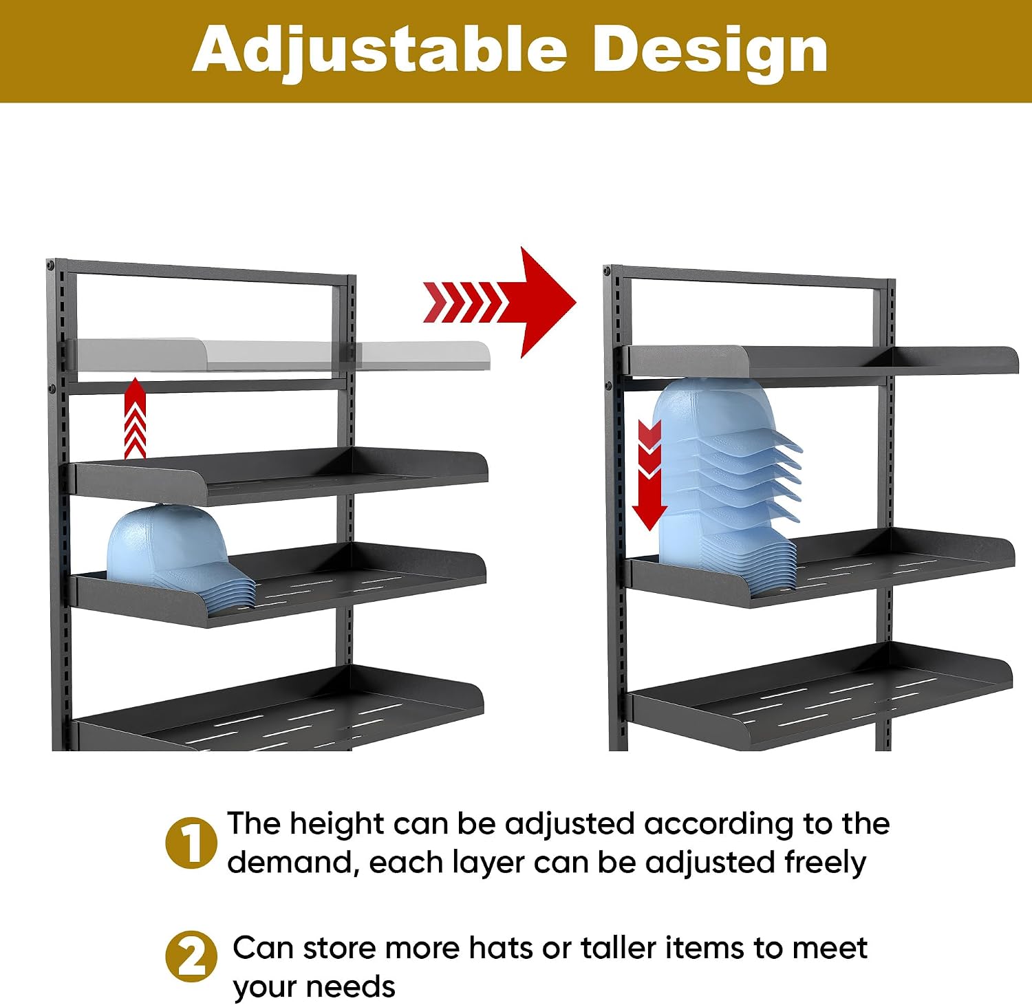 6 Tier Large Hat Rack Stand, Adjustable Baseball Cap Storage Rack with 6 Trays, Can Hold 180 Hats, Suitable for Home Cloakroom and Shopping Mall Display