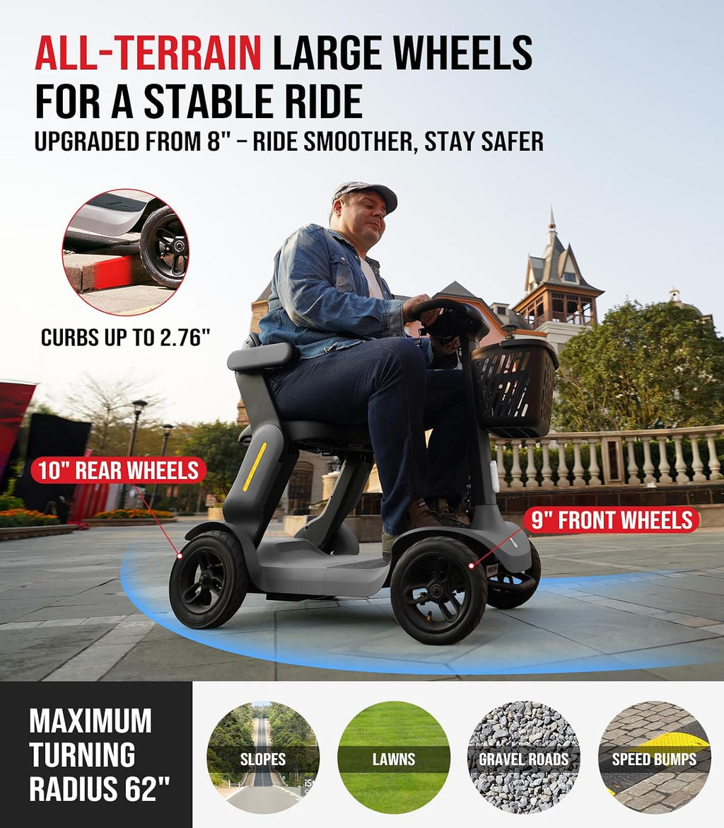 Glashow S3 Folding Mobility Scooter for Seniors & Adults – 4-Wheel All-Terrain Electric Scooter, 25 Mile Range, 6 MPH, 265 lb Capacity, Reverse, LED Lights & Basket – Gray