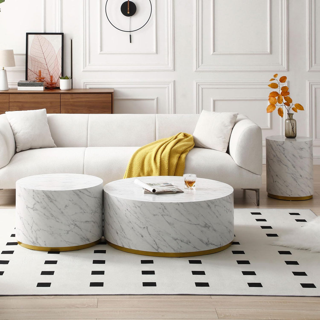 23.62' D Round Coffee Table Black End Table Side Table Living Room Table Sets, Industrial Cocktail Table, Circle Drum Wood Modern Contemporary Coffee Table for Apartment Office, White & Gold