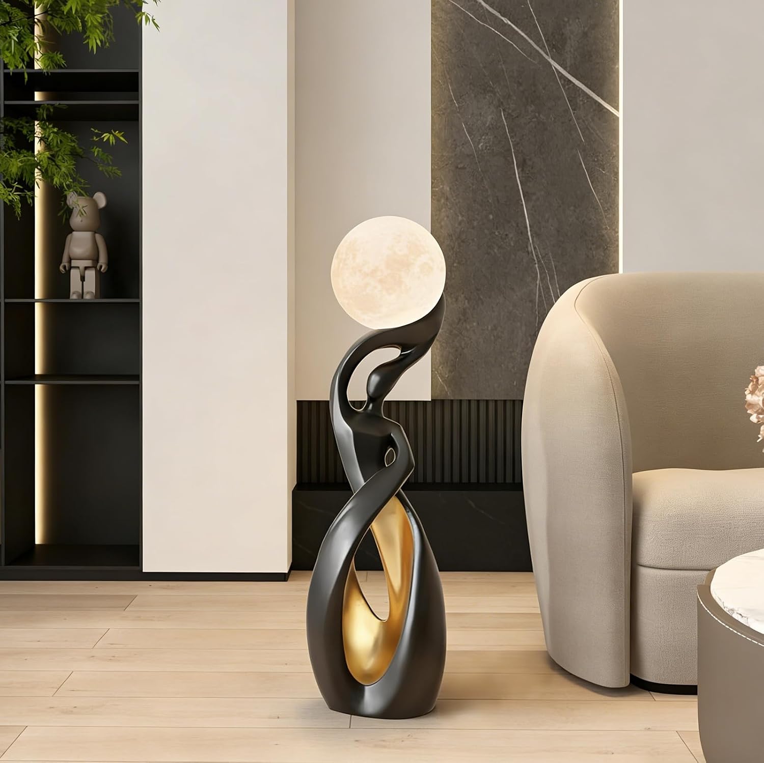 Modern Black and Gold Floor Lamp,Art Unique Corner Standing Light | Decorative Rechargeable Moon Tall Lamp Or Resin Creative Stylish Decor Lamps for LivingRoom,BedRoom