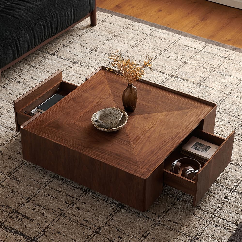 WILLIAMSPACE 35.43' Square Coffee Table with 2 Drawers Storage, Modern Drum Center Table Tea Table for Living Room Apartment, No Need Assembly - Walnut