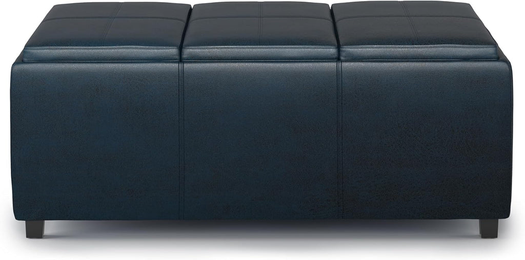 SIMPLIHOME Avalon Storage Ottoman - 42 inch Wide Upholstered Vegan Leather Rectangular Flip-Top Ottoman in Distressed Dark Blue, Contemporary Coffee Table Ottoman for Living Room with Hidden Storage