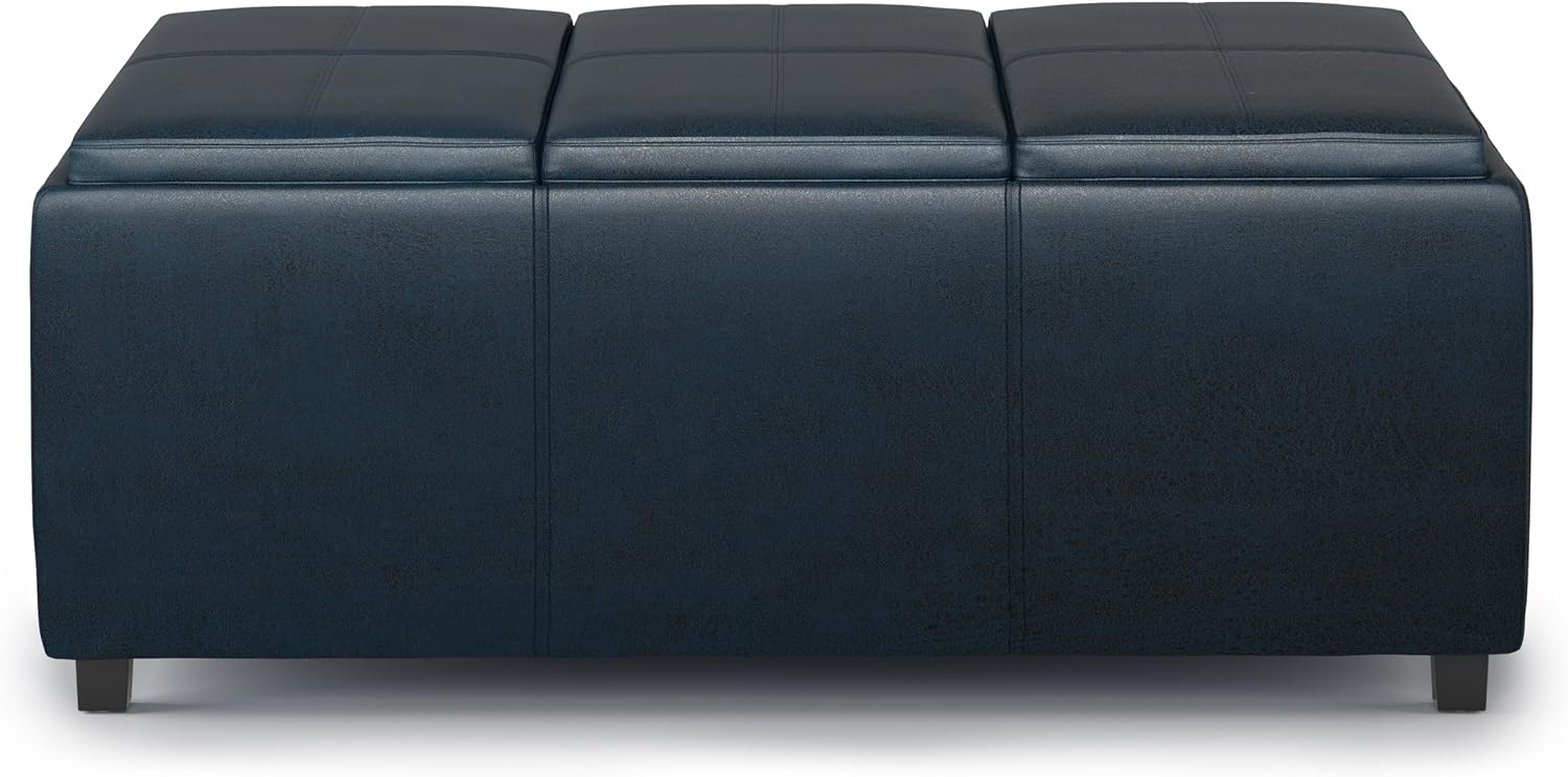 SIMPLIHOME Avalon Storage Ottoman - 42 inch Wide Upholstered Vegan Leather Rectangular Flip-Top Ottoman in Distressed Dark Blue, Contemporary Coffee Table Ottoman for Living Room with Hidden Storage