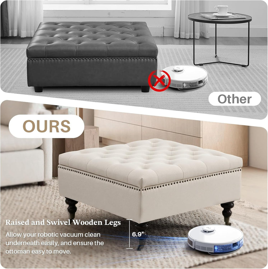 Square Storage Ottoman Coffee Table Tufted Upholstered Large Ottoman with Storage and Rolling Wheels Oversized Footrest Ottomans for Living Room, Beige Linen