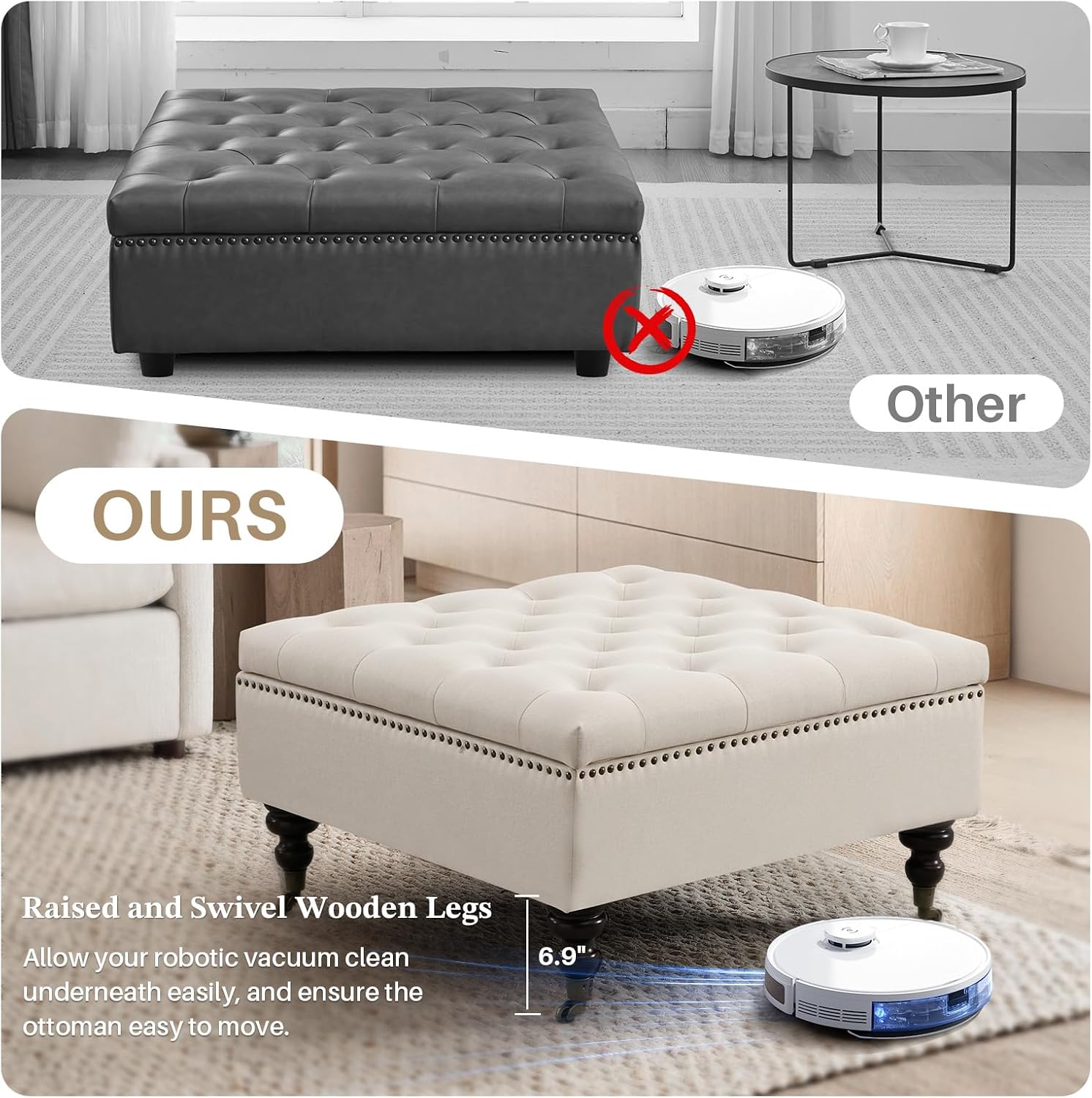 Square Storage Ottoman Coffee Table Tufted Upholstered Large Ottoman with Storage and Rolling Wheels Oversized Footrest Ottomans for Living Room, Beige Linen