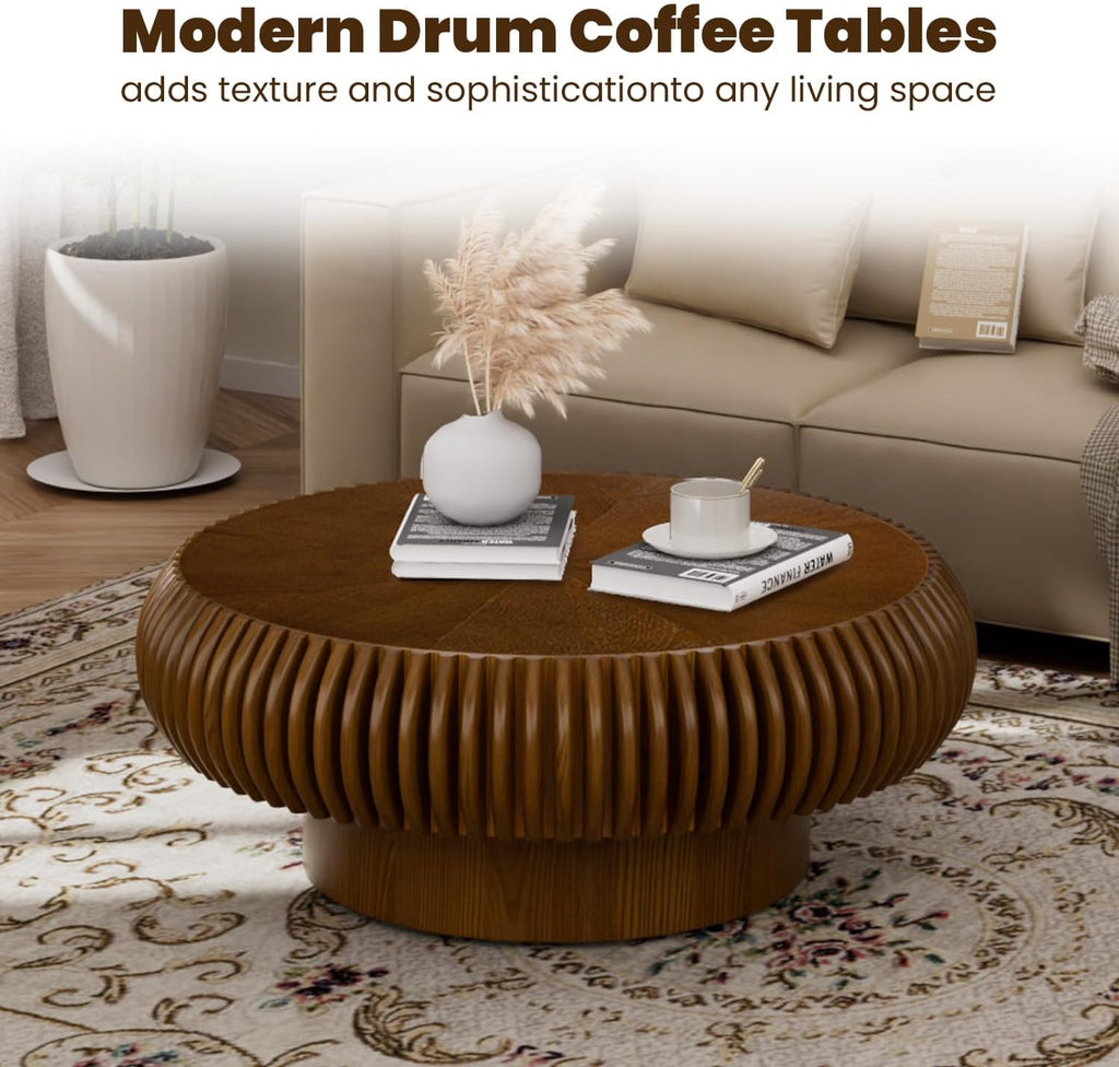 31.5' Drum Coffee Table Modern Unique Fluted Tea Table Contemporary Wood Round Coffee Table with Fluted Centry Table for Living Room Walnut (31.5' Walnut)