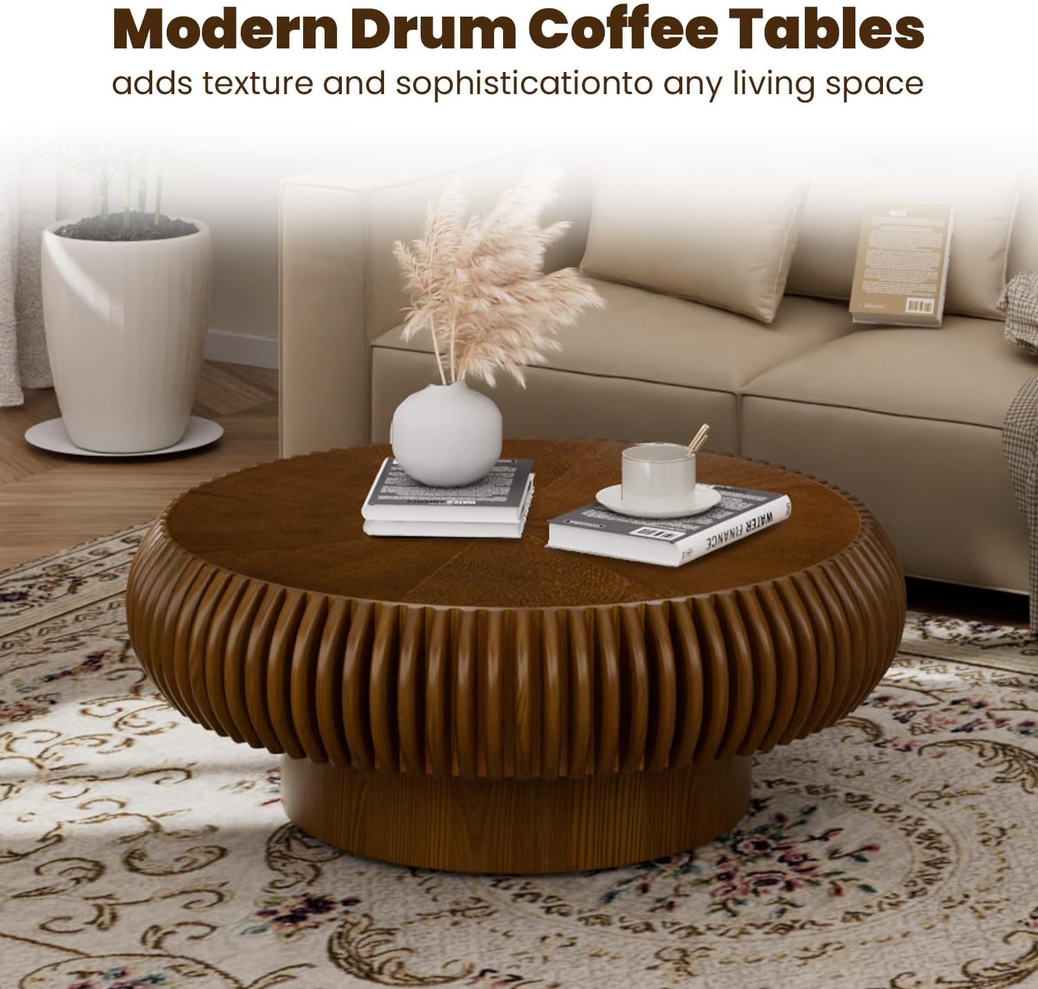 31.5' Drum Coffee Table Modern Unique Fluted Tea Table Contemporary Wood Round Coffee Table with Fluted Centry Table for Living Room Walnut (31.5' Walnut)