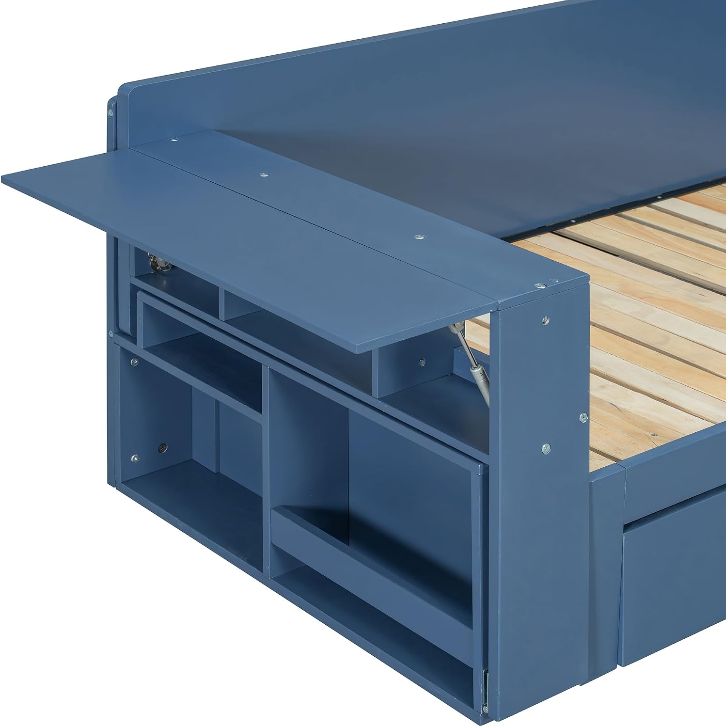 Wood Daybed Full Size with Removable Desk and Extendable Armrests, 4-in-1 Multifunctional Design Daybed Sofa Bed with Storage Drawers & Hydraulic Side Table (Blue-11.27, Full)