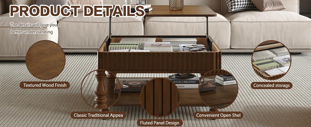 HARR Lift Top Square Coffee Table with Storage, 31.5'' Sofa Side End Table, Fluted Design Hydraulic Raising Mechanism, Hidden Compartment & Open Shelf, Retro Solid Wood Legs for Living Room, Walnut