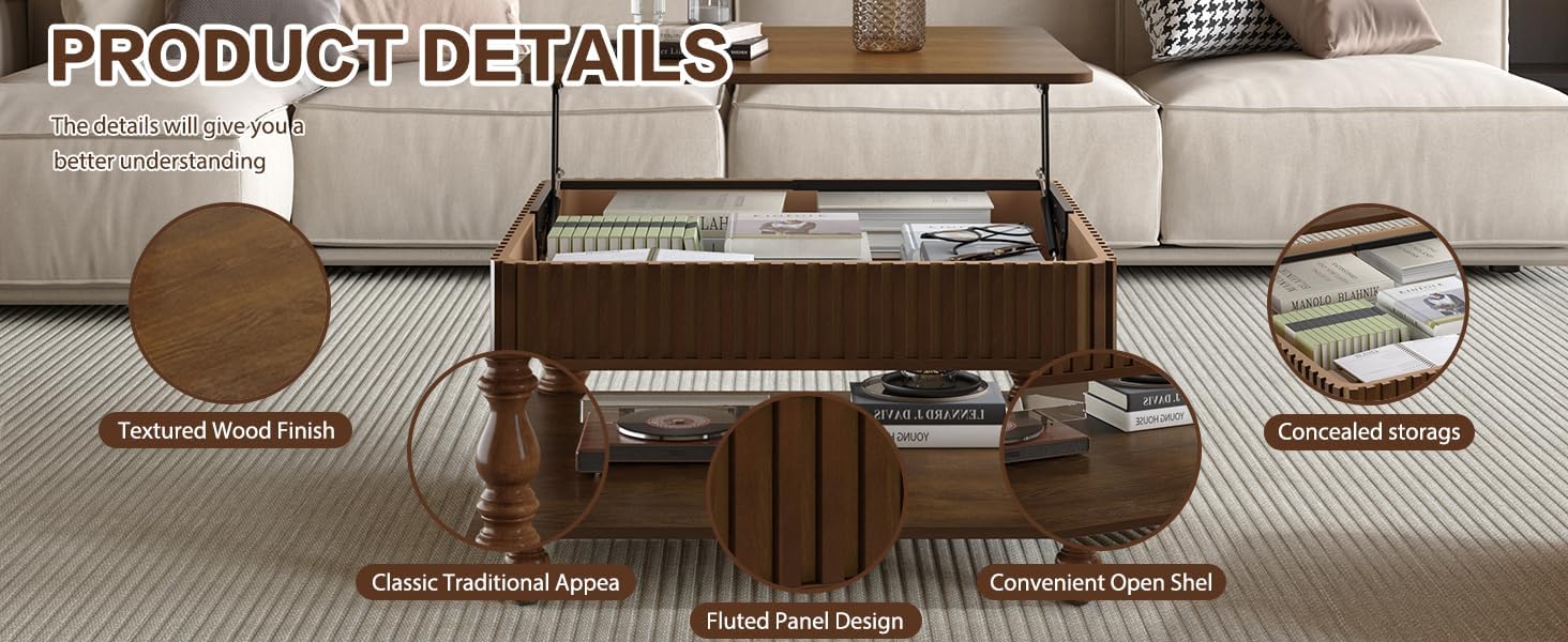 HARR Lift Top Square Coffee Table with Storage, 31.5'' Sofa Side End Table, Fluted Design Hydraulic Raising Mechanism, Hidden Compartment & Open Shelf, Retro Solid Wood Legs for Living Room, Walnut