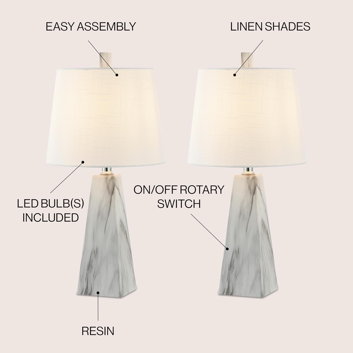 JONATHAN Y 20.5' White Marble Finish Modern Resin Table Lamp for Bedroom Living Room, Contemporary Faceted Bedside Lamp with White Linen Shade, LED Bulb Included (JYL1037A-SET2)
