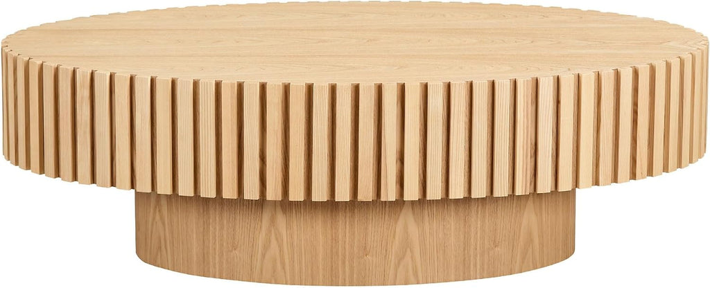 Oak Oval Modern Coffee Table for Living Room, Contemporary Circle Fluted Drum, Easy Assembly, Wood (43.7'' x 24.8'' x 13.38'')