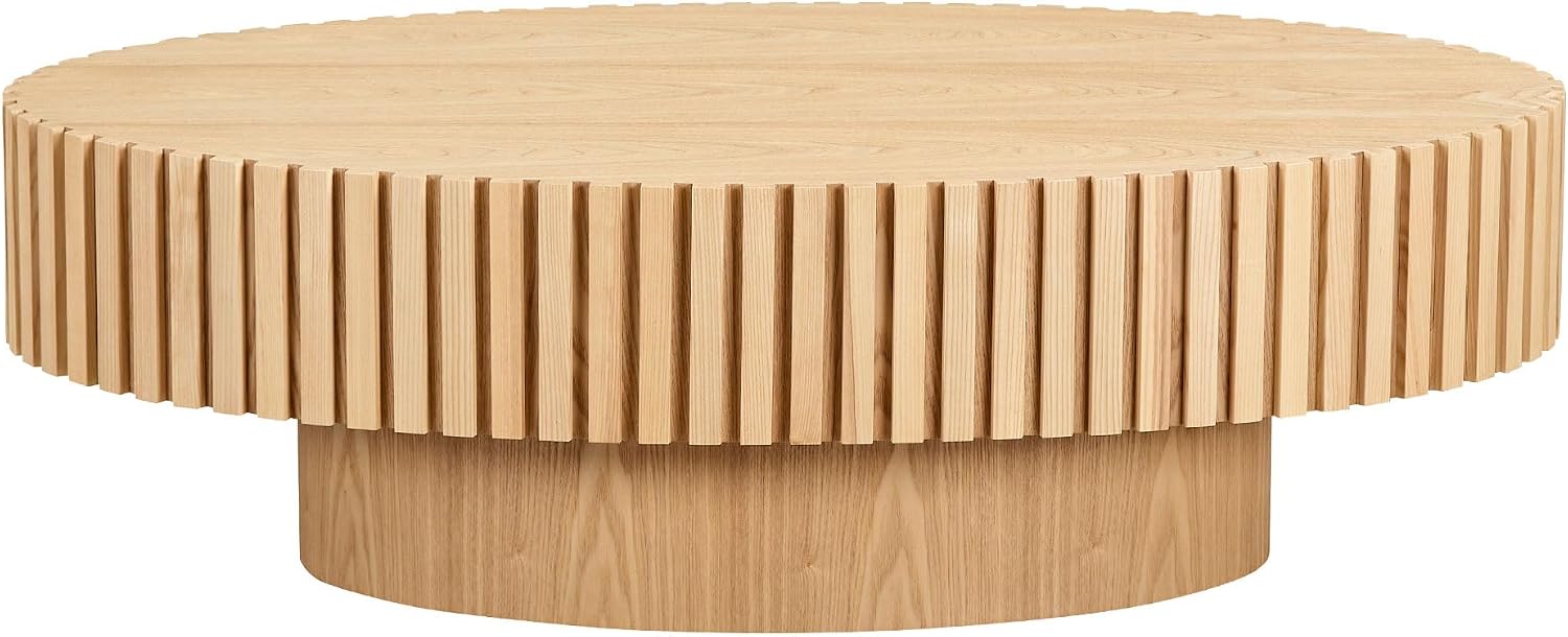 Oak Oval Modern Coffee Table for Living Room, Contemporary Circle Fluted Drum, Easy Assembly, Wood (43.7'' x 24.8'' x 13.38'')