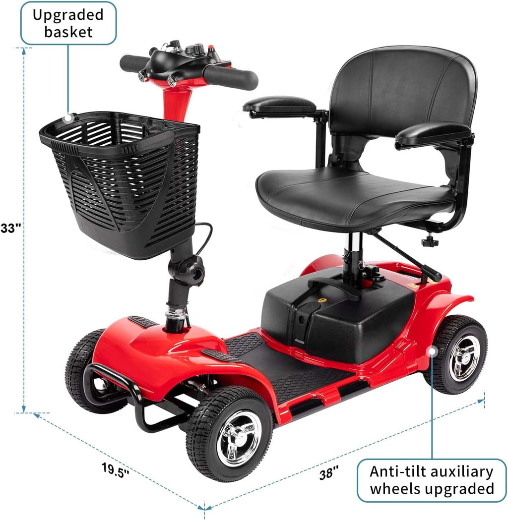 4 Wheel Mobility Scooter, Electric Power Mobile Wheelchair for Seniors Adult with Lights- Collapsible and Compact Duty Travel Scooter w/Basket Extended Battery Red Light Red