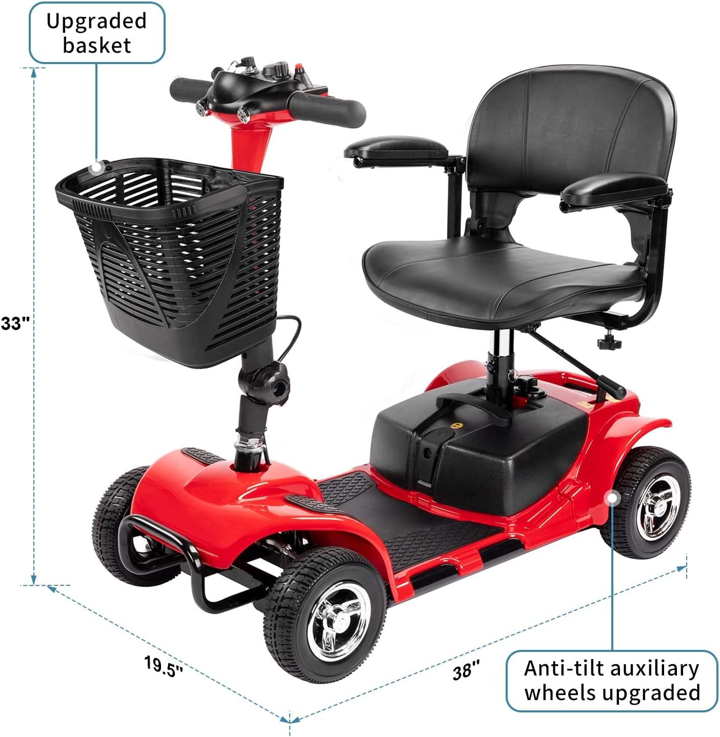 4 Wheel Mobility Scooter, Electric Power Mobile Wheelchair for Seniors Adult with Lights- Collapsible and Compact Duty Travel Scooter w/Basket Extended Battery Red Light Red